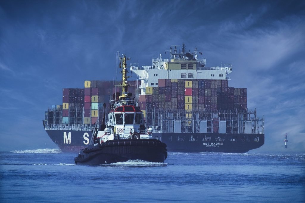 ship, container ship, tractor, seafaring, shipping, container, logistics, freight